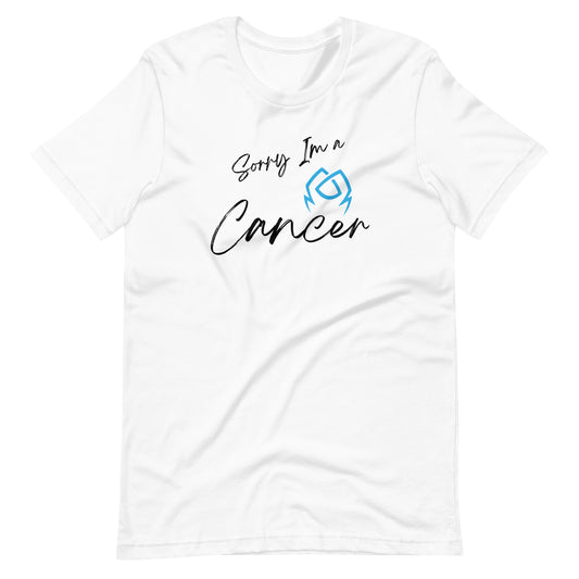 White t-shirt with 'Sorry I'm a Cancer' text and Cancer zodiac symbol in soft blue and black design.