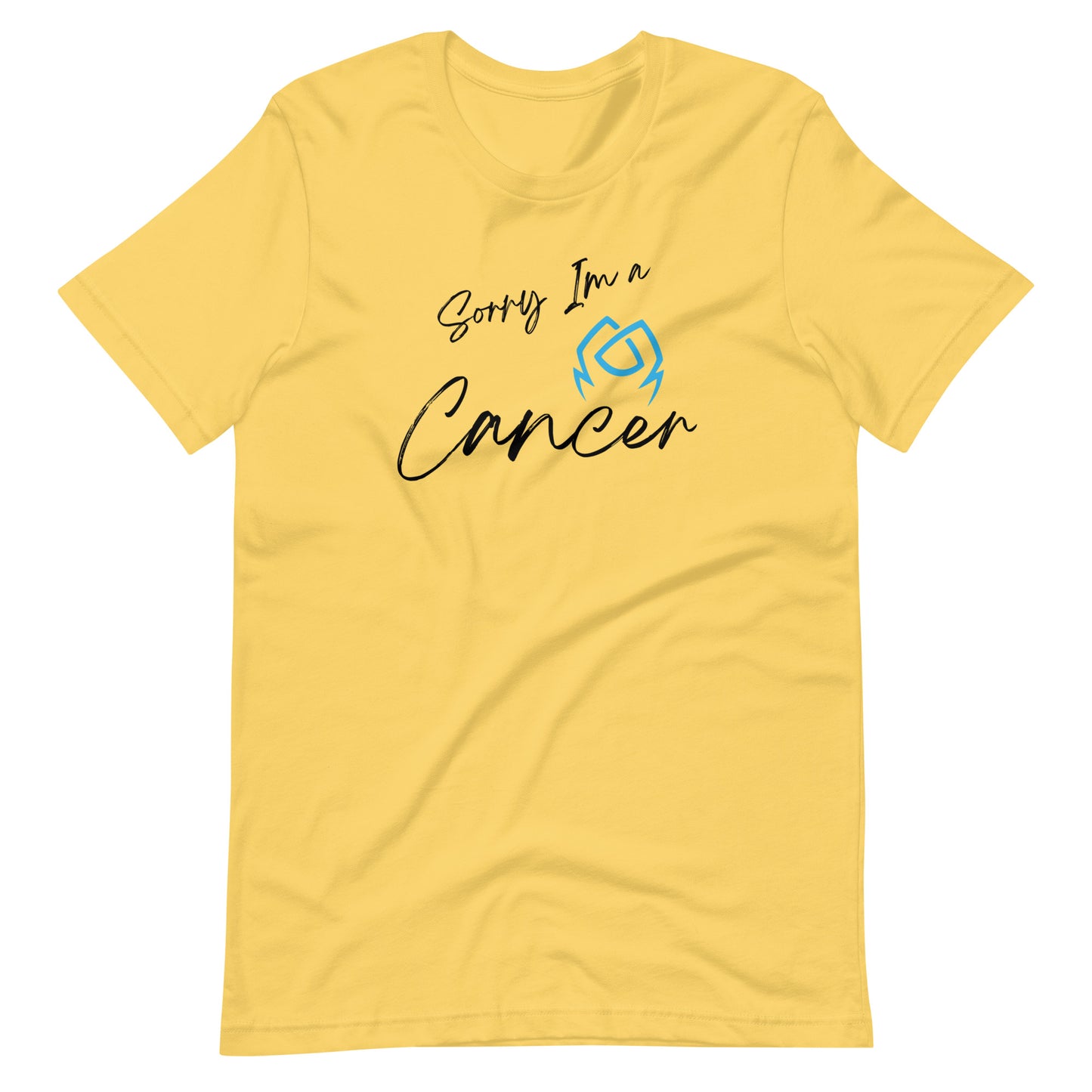 Yet-shirt with 'Sorry I'm a Cancer' text and Cancer zodiac symbol in soft blue and black design.low