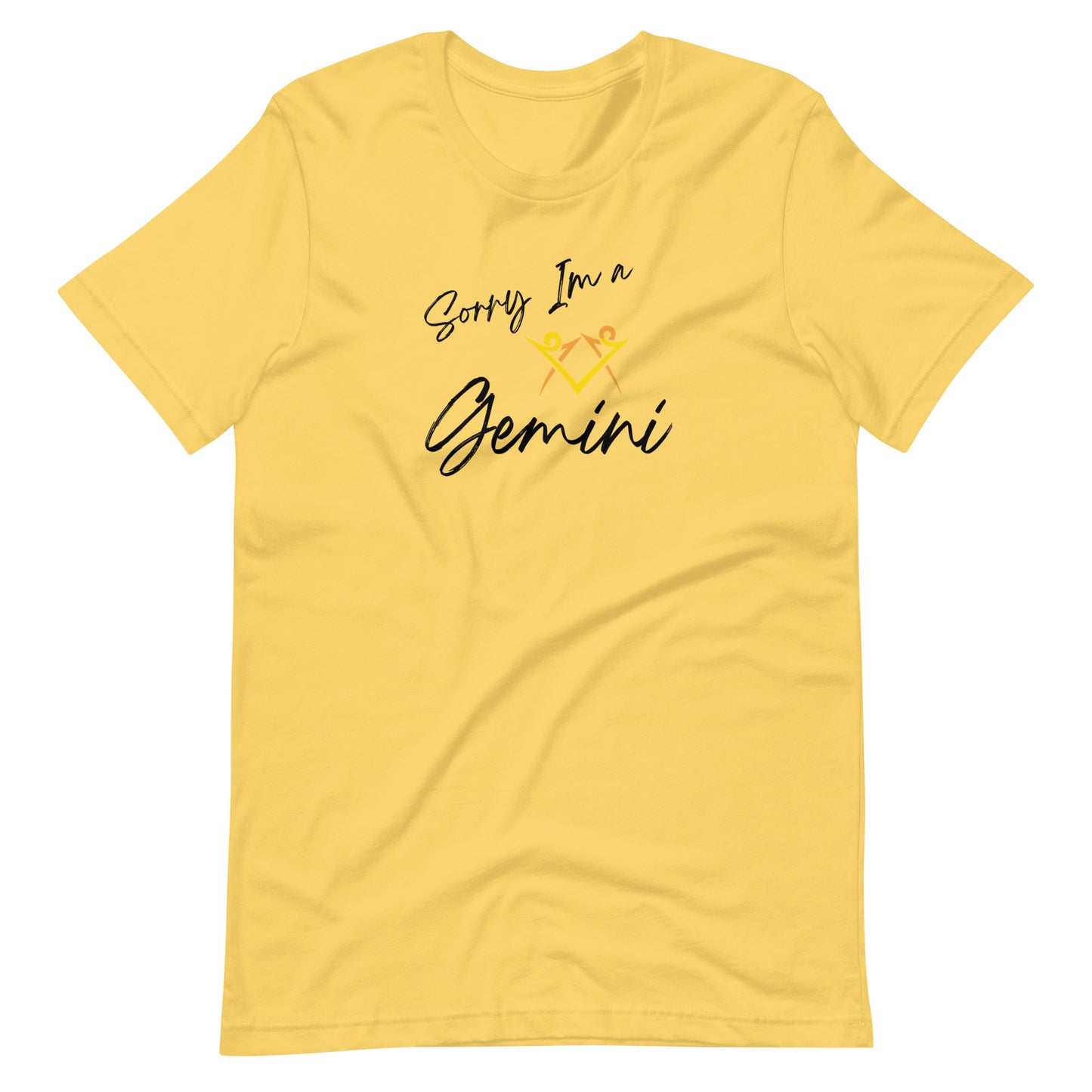Yellow t-shirt with 'Sorry I'm a Gemini' text and Gemini zodiac symbol in vibrant yellow and black design.