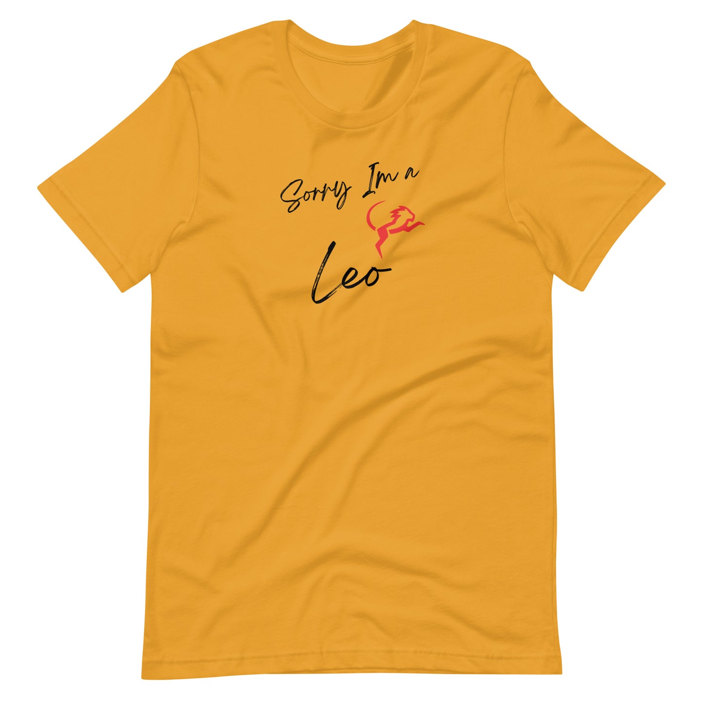 Mustat-shirt with 'Sorry I'm a Leo' text and Leo zodiac symbol in gold and black design.d