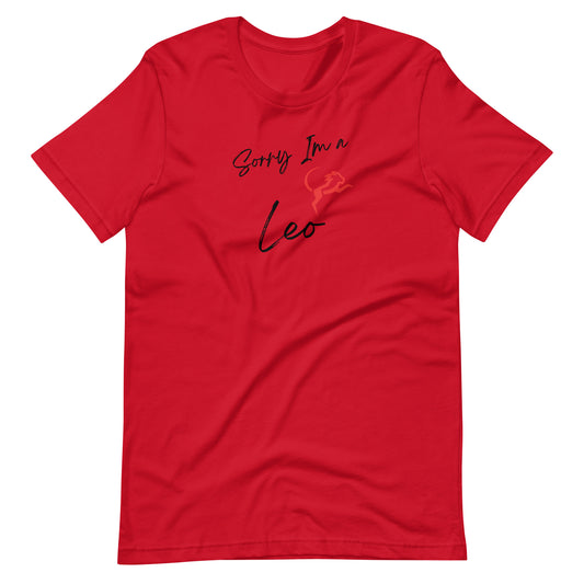 Red t-shirt with 'Sorry I'm a Leo' text and Leo zodiac symbol in gold and black design.