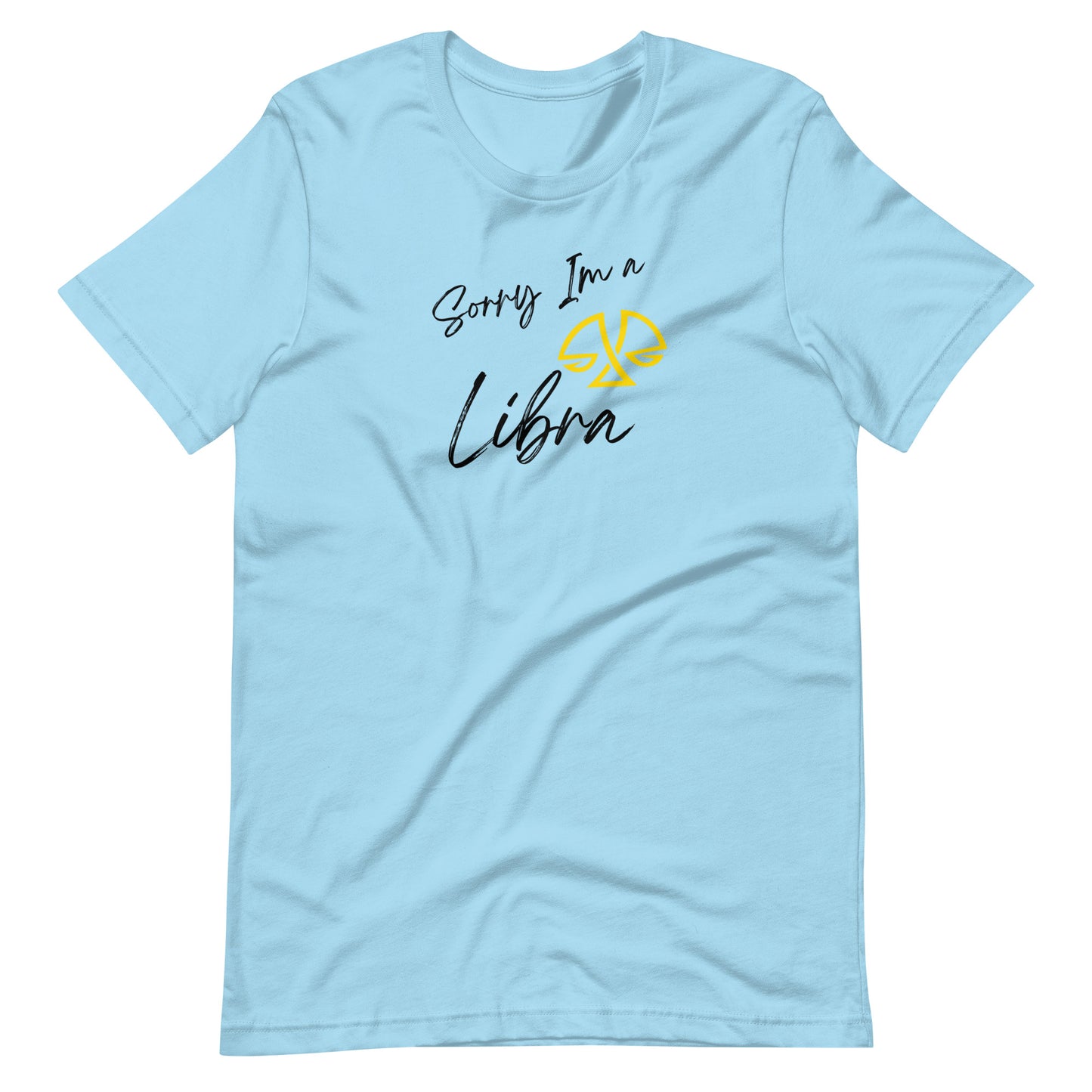 "Light blue t-shirt with 'Sorry I'm a Libra' text and Libra zodiac symbol in pastel yellow and black design."