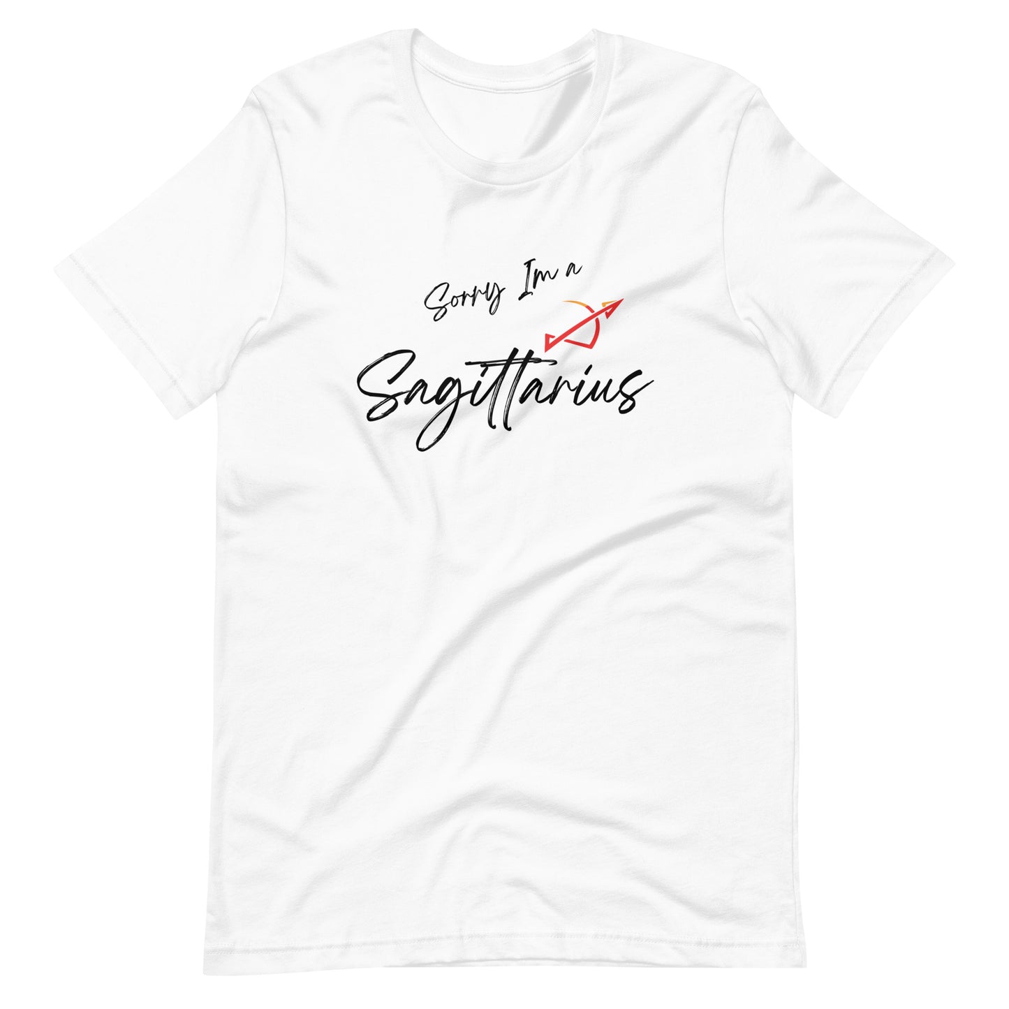 White t-shirt with 'Sorry I'm a Sagittarius' text and Sagittarius zodiac symbol in purple and black design.