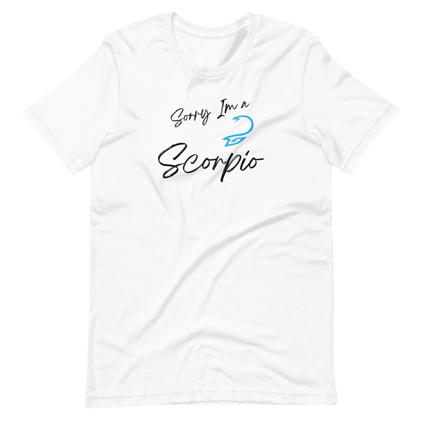 "White t-shirt with 'Sorry I'm a Scorpio' text and Scorpio zodiac symbol in deep red and black design."