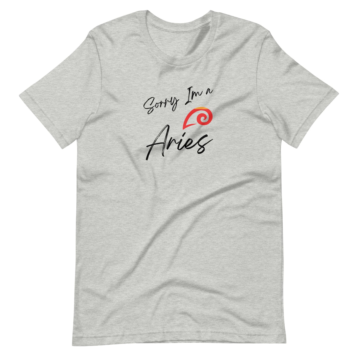 Grey t-shirt with 'Sorry I'm an Aries' text and Aries zodiac symbol in bold red and black design.