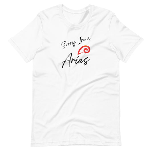 White t-shirt with 'Sorry I'm an Aries' text and Aries zodiac symbol in bold red and black design.