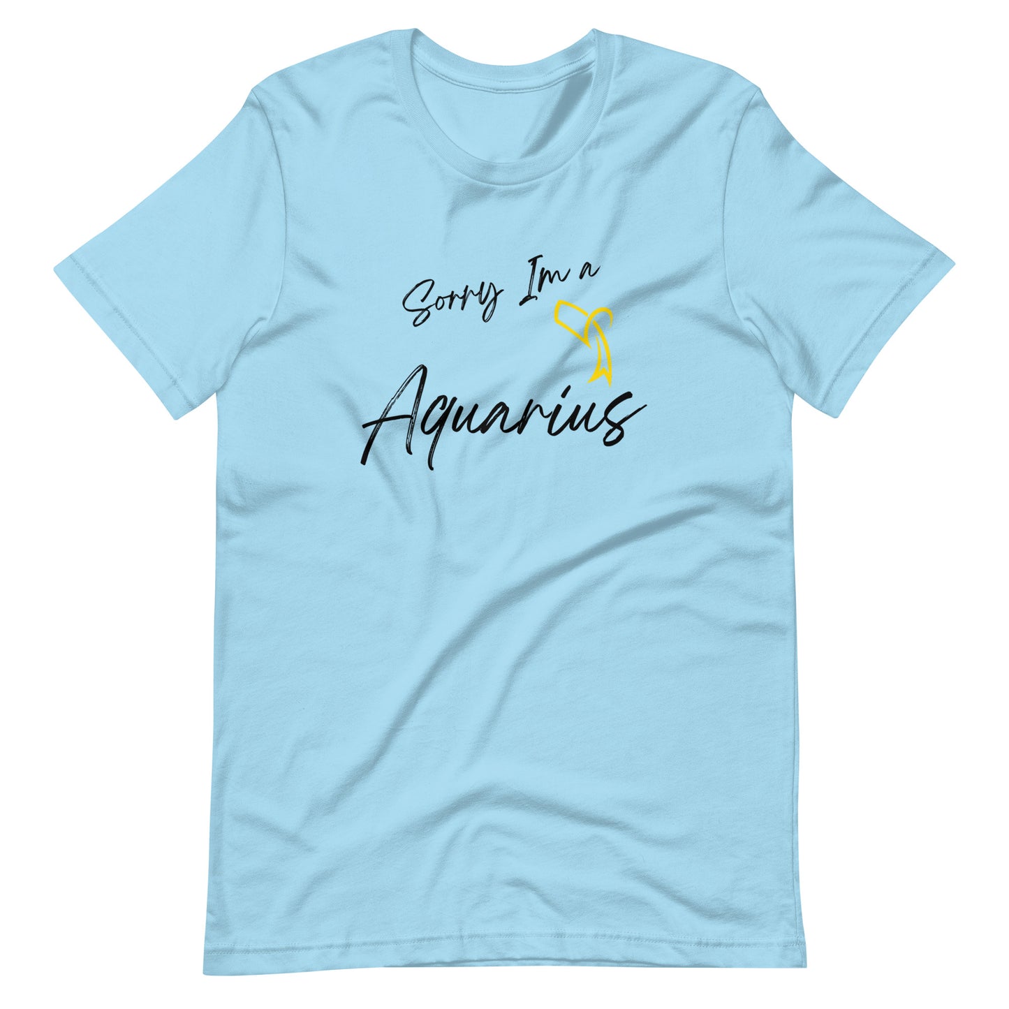 "Light blue t-shirt with 'Sorry I'm a Aquarius' text and Aquarius zodiac symbol in pastel yellow and black design."