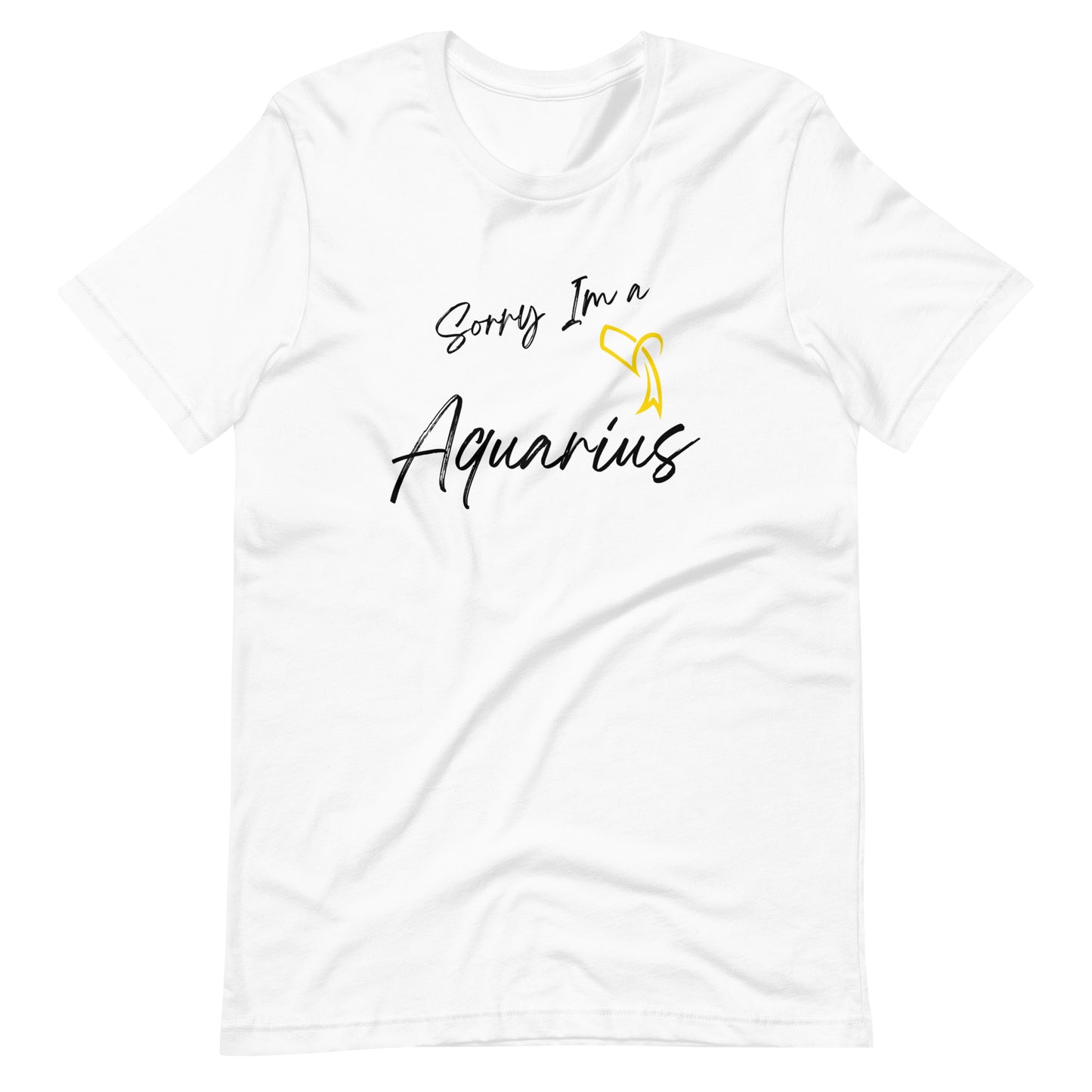 "White t-shirt with 'Sorry I'm a Aquarius' text and Aquarius zodiac symbol in pastel yellow and black design."