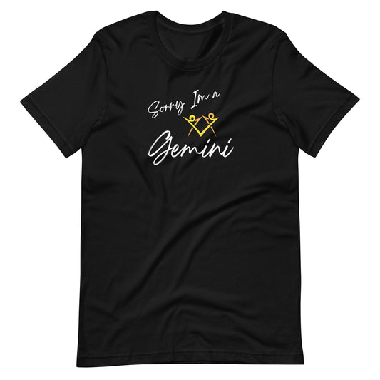 Black t-shirt with 'Sorry I'm a Gemini' text and Gemini zodiac symbol in vibrant yellow and black design.