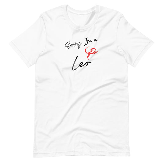 White t-shirt with 'Sorry I'm a Leo' text and Leo zodiac symbol in gold and black design.