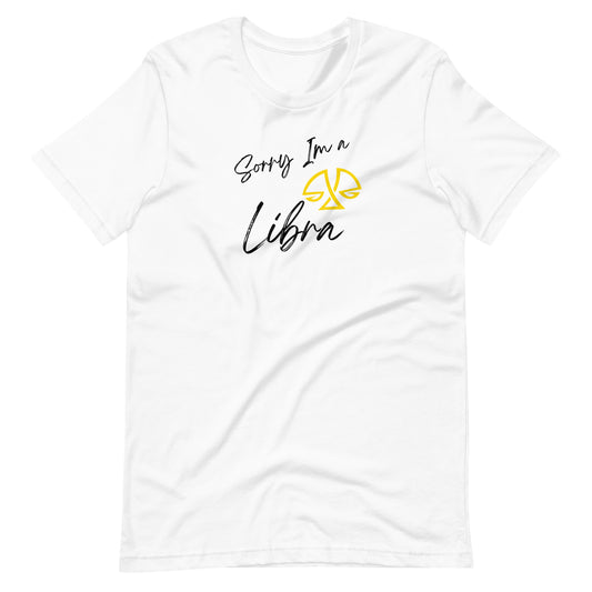 "White t-shirt with 'Sorry I'm a Libra' text and Libra zodiac symbol in pastel yellow and black design."