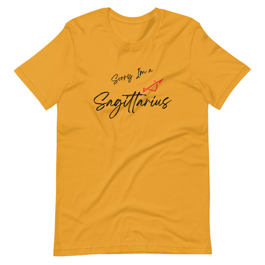 Mustard t-shirt with 'Sorry I'm a Sagittarius' text and Sagittarius zodiac symbol in purple and black design.