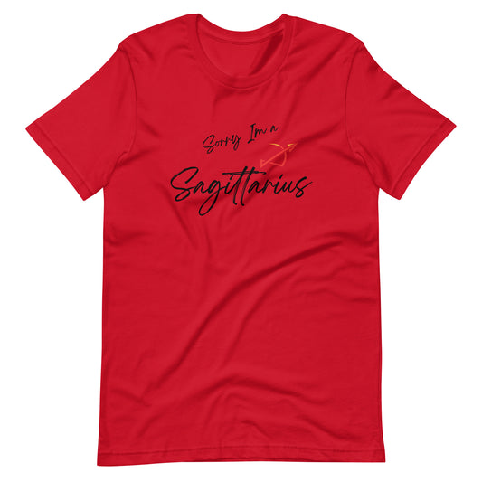 Red t-shirt with 'Sorry I'm a Sagittarius' text and Sagittarius zodiac symbol in purple and black design.