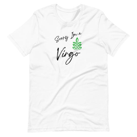 "White t-shirt with 'Sorry I'm a Virgo' text and Virgo zodiac symbol in earthy brown and black design."