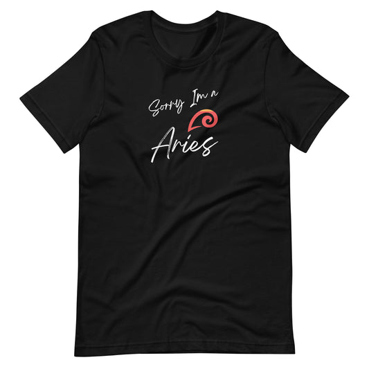 Black t-shirt with 'Sorry I'm an Aries' text and Aries zodiac symbol in bold red and black design.